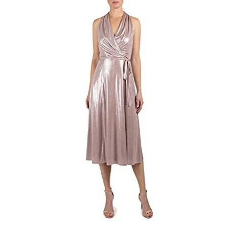 Donna Ricco Halter Neck Midi Wrap Dress, Elegant Evening Wear, Blush/Silver
