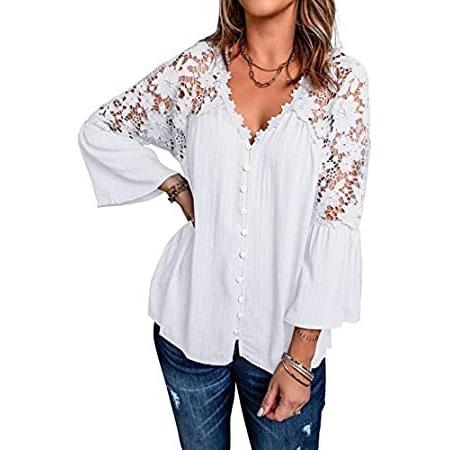 BLENCOT V Neck Lace Crochet Flowy Bell Sleeve Button Down Casual T Shirts B