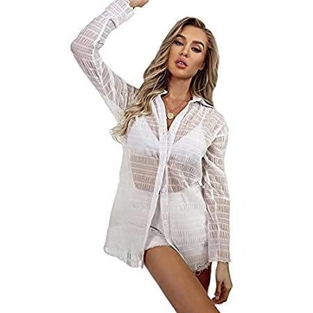 MakeMeChic Women's Sheer Mesh Button Down Shirt Blouse Top Bikini Cover Up
