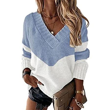 BLENCOT Women´s Sexy V Neck Long Sleeve Striped Sweaters Color Block Loose