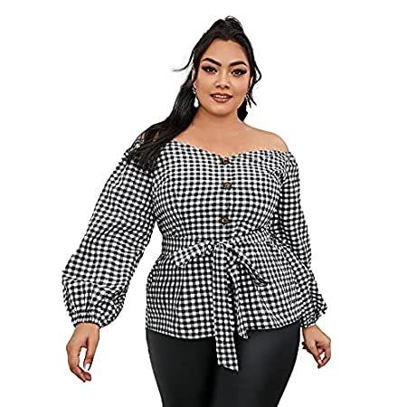 SOLY HUX Women's Plus Size Bishop Long Sleeve Top Off Shoulder Gingham Blou