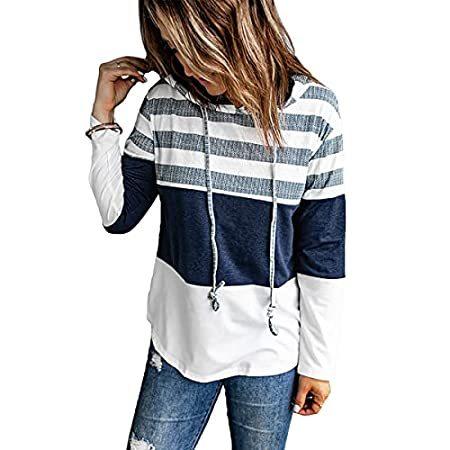 BLENCOT Women Hoodies Long Sleeve Color Block Striped Drawstring Sweatshirt