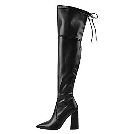 onlymaker Women's Point Toe Chunky Heeled Over the Knee Boots backside Lace