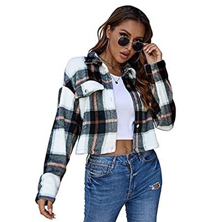 SOLY HUX Women's Plaid Collar Long Sleeve Button Down Crop Jacket Multicolo