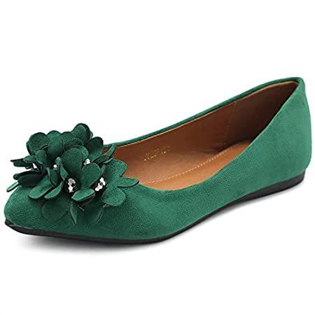 Ollio レディース シューズ フェイクスエード 装飾フラワー ポインテッドトゥ バレエフラット JYZ151, グリーン, 7.5