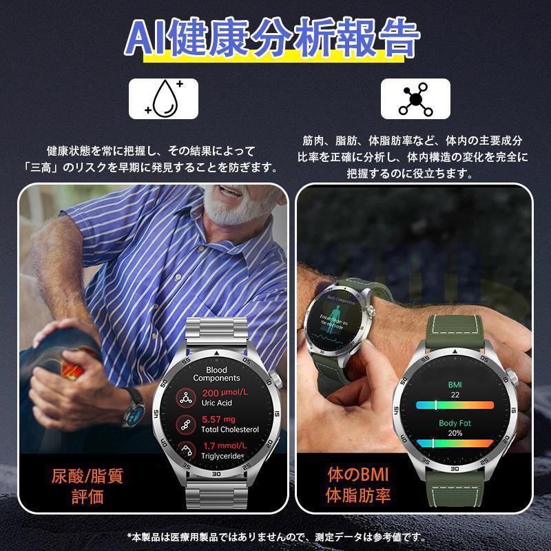 スマートウォッチ 心電図＋HRV/血圧計/体温計/BMI体脂肪/疲労 AIヘルスグランス 通話機能 軍用規格 日本語 ブラック スマートウォッチ 日本製センサー 血圧測定 ECG心電図 SOS機能 通話