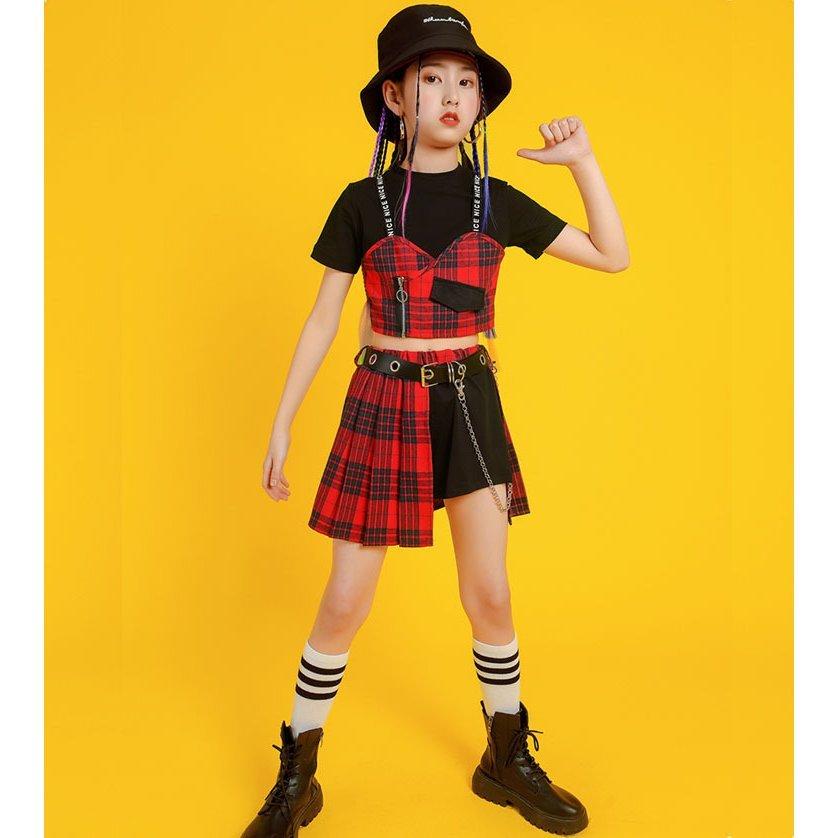 特別送料無料 キッズ ダンス 衣装 へそ出し ヒップホップ シャツ スカート ファッション 半袖 原宿系 チェック柄 演出 舞台 注目 ユニーク ジャズ ストリート
