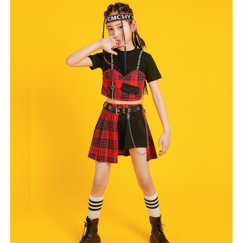 特別送料無料 キッズ ダンス 衣装 へそ出し ヒップホップ シャツ スカート ファッション 半袖 原宿系 チェック柄 演出 舞台 注目 ユニーク ジャズ ストリート