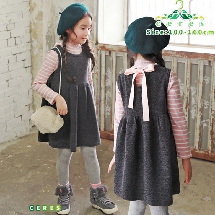 長袖ワンピース 韓国子供服 女の子 発表会 卒業式 キッズ フォーマルワンピース グレー リボン ボーダー翌日発送 値段が激安