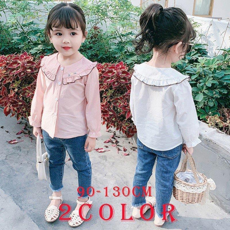 子供服 キッズウェア シャツ ブラウス 長袖 大きめ目の襟 刺繍 ウェスタン風 かっこいい カジュアル 白 ピンク 女の子 春 秋 90cm 100c 最新の激安