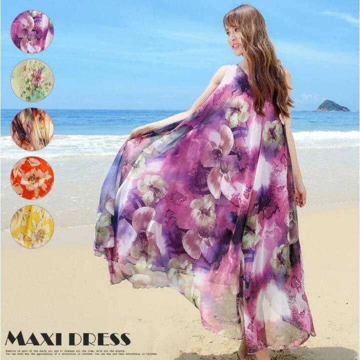 ワンピース マキシワンピース リゾート レディース ロングワンピース ロング丈 花柄 夏 ハワイ シフォン ビーチ 海 袖なし ベルト付き とっておきし福袋