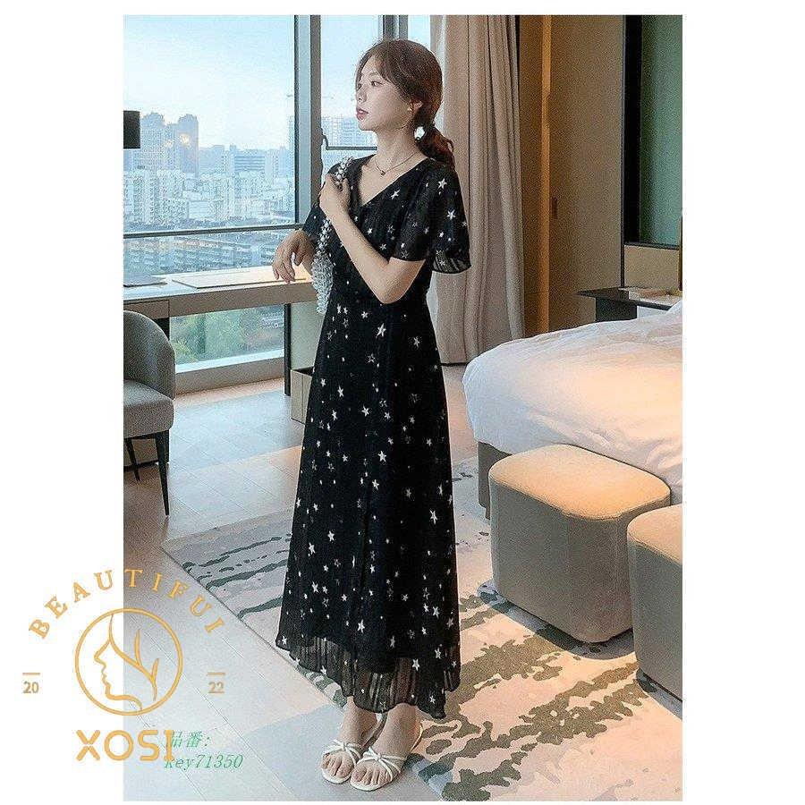 ワンピース レディース 40代ワンピース 通勤 春夏 Vネック 星柄 半袖 30代 オシャレ 50代 結婚式ドレス お出かけ 大人 マキシワンピース シフォンワンピース 大きな割引