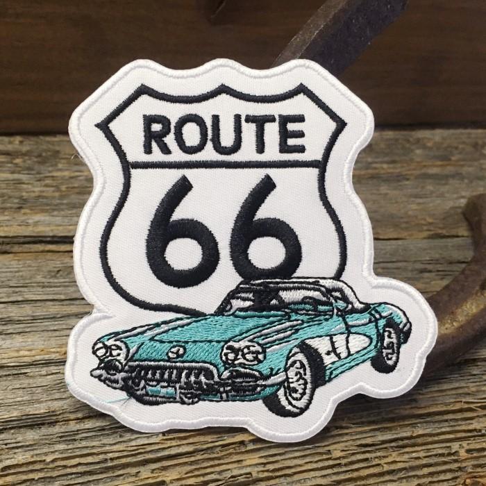 ROUTE66 ロゴ ＆ コルベット ワッペン ◆ ROUTE66 アメリカ旧国道 アイロン接着 パッチ Corvette 青系 CAWP131 | 