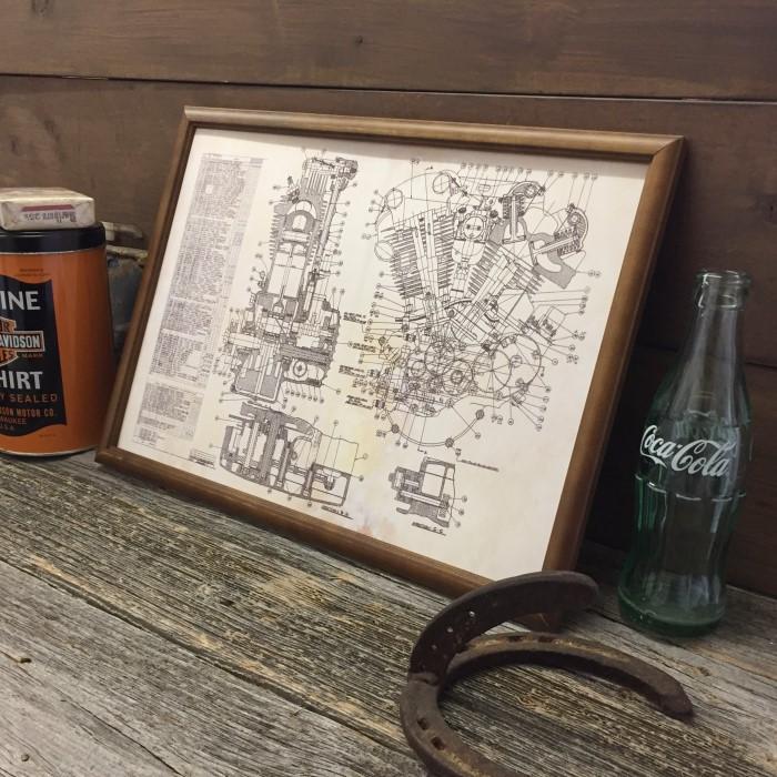ハーレー ナックルヘッド エンジン 設計図 額縁 セット ◇ B4サイズ