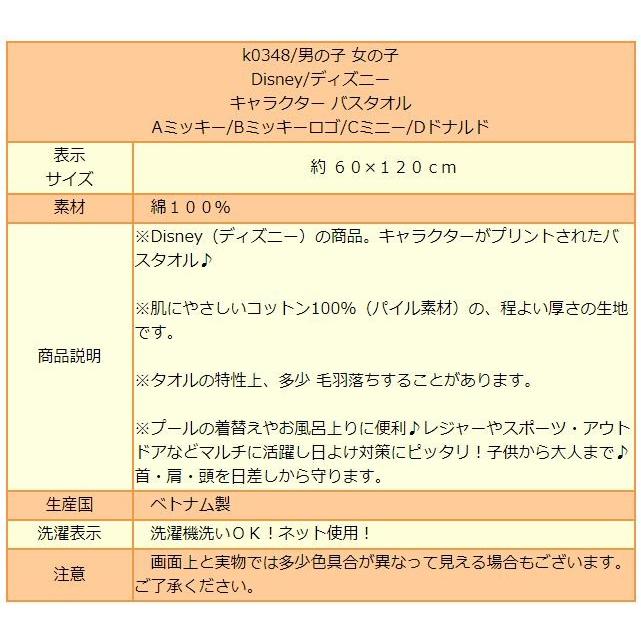 男の子 女の子 ディズニー キャラクター バスタオル Aミッキー Bミッキーロゴ Cミニー Dドナルド 約60 1cm K0348 Disney Z K0348 すまいるまこ 通販 Yahoo ショッピング