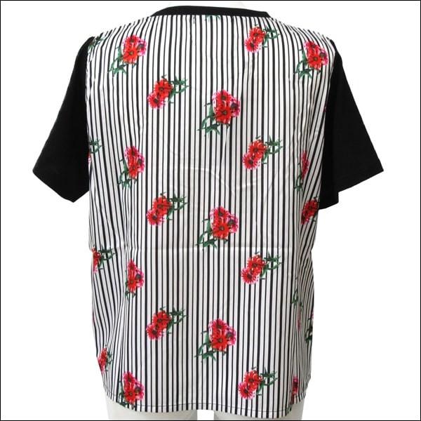 Blumarine 花柄 ストライプ 半袖カットソー レディース 花柄ストライプ 切替 半袖シャツ M 9号 L 11号 03ブラック