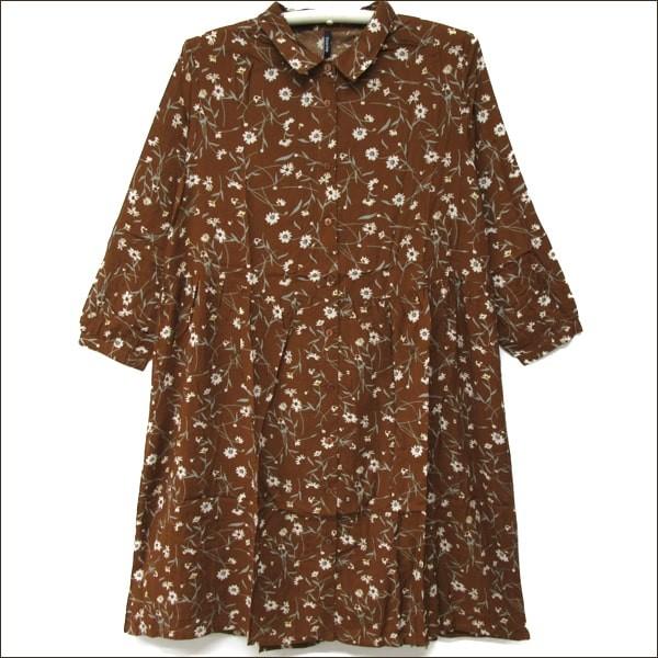 花柄 ロングシャツ ブラウス M〜L 9号 11号 ブラウン K-2419 bonte 