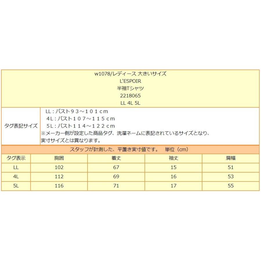 レディース 大きいサイズ 半袖Tシャツ LL 13号 4L 17号 5L 19号 01ホワイト 2218065 L'ESPOIR レスポワール｜smilemako｜09