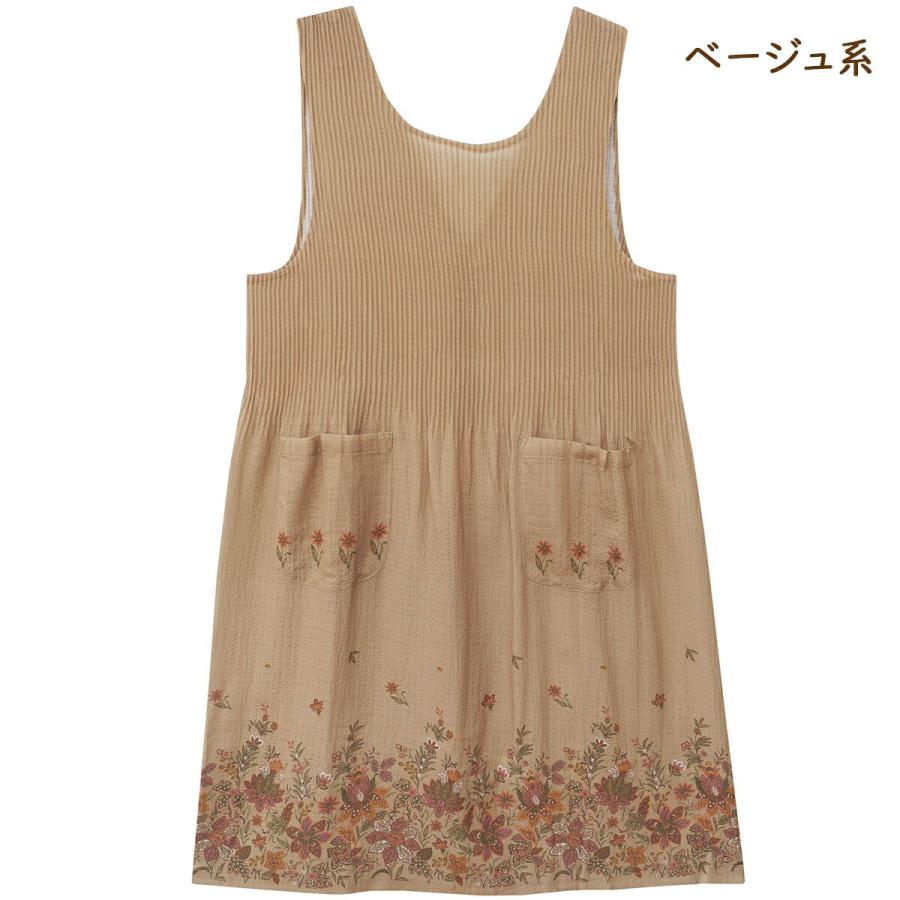 エプロン レディース 大きいサイズ 花柄 後ボタン留め プリーツ加工