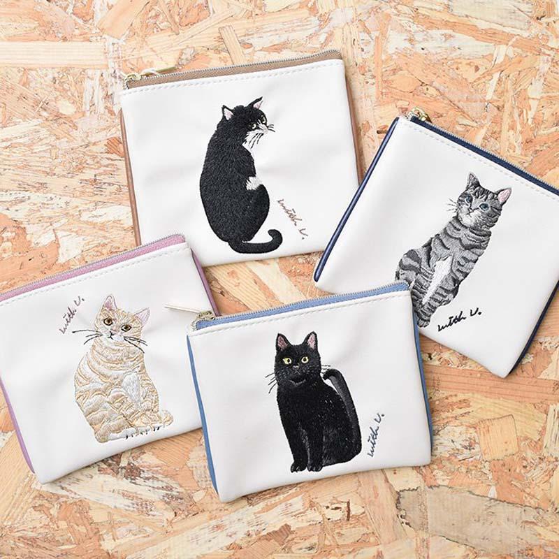ポーチ チャリティ 猫 刺繍 キャット ネコ フラットポーチ ミニ