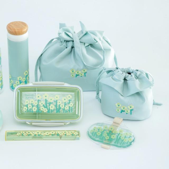 水色ヌビ生地/刺繍・保冷巾着ランチバック SALE ランチ巾着 S おにぎり巾着 ランチバッグ 保冷巾着 刺繍 バッグ