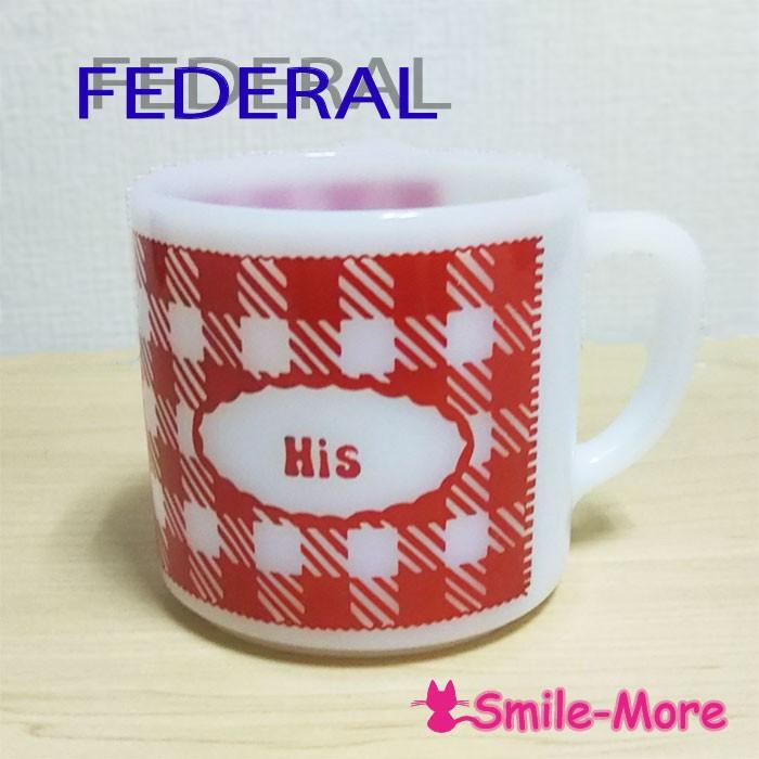 FEDERALフェデラル ネームマグ His 彼 チェック柄 ミルクガラス