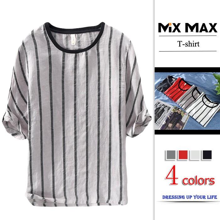 Tシャツ ティーシャツ ストライプ リネン 綿麻 ベーシック リネンtシャツ メンズ レディース 半袖 五分袖 ゆったり トップス カジュアル 春 夏 リネンシャツ Rsx258 Mixmax 通販 Yahoo ショッピング