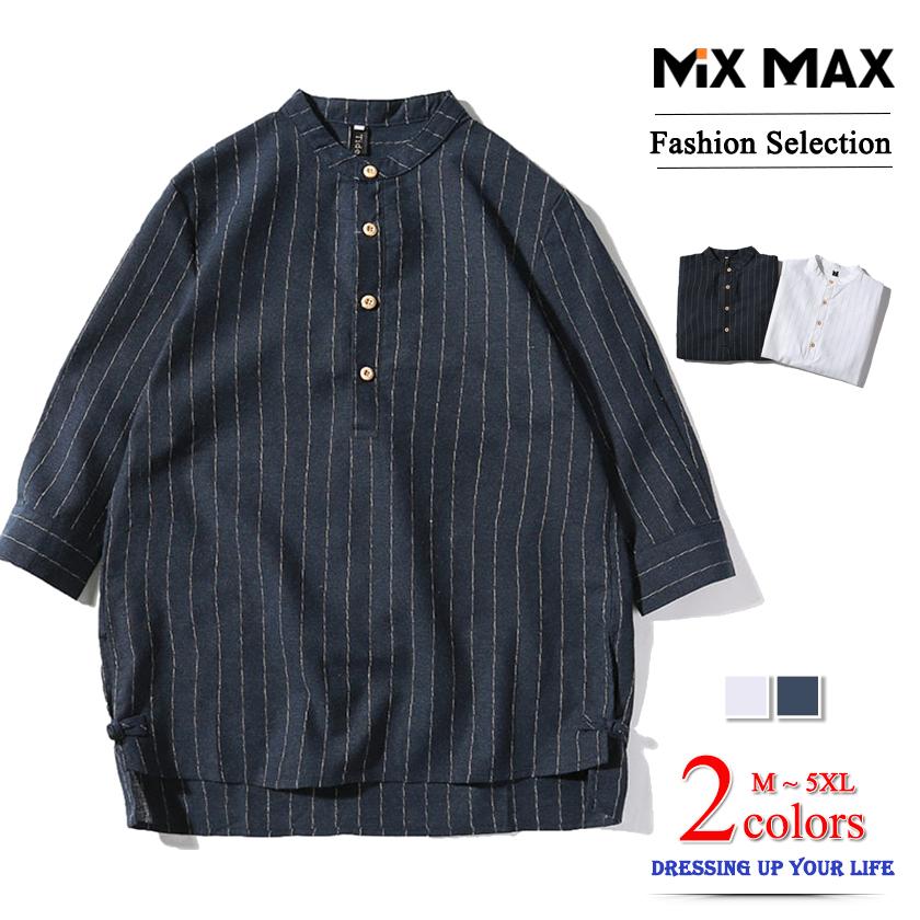 Tシャツ 綿麻 半袖 ヘンリーネック リネン コットン メンズ レディース ティーシャツ ゆったり T Shirt トップス お兄系 おしゃれ 春 夏 カジュアル ストライプ Xymx4029 Cs Mixmax 通販 Yahoo ショッピング