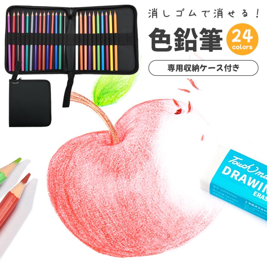 色鉛筆 24色 セット 消しゴムで 消せる 専用ケース 収納 ケース 子供 小学生 お絵かき 大人の塗り絵 画材セット 絵画 イラスト スケッチ  折れにくい 鮮やか（Yahoo!・DailySmile）