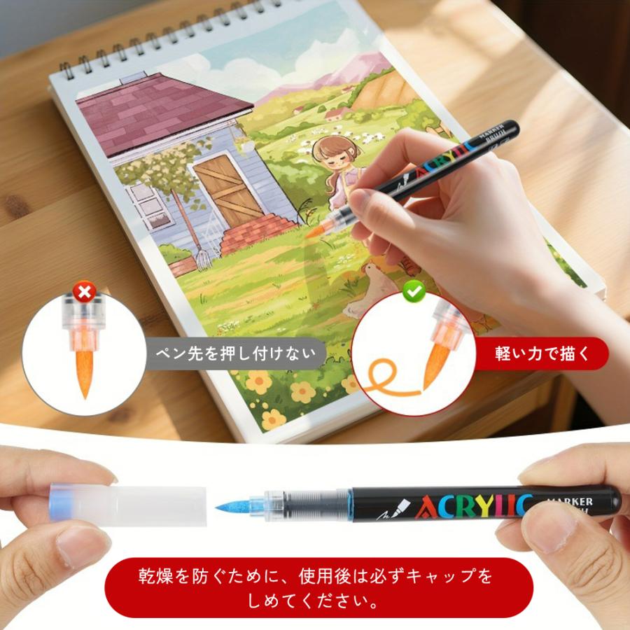 マーカーペン 12色セット アクリル水性インク 筆ペンタイプ 高発色 直