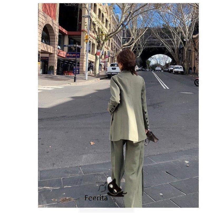 4年保証 セットアップ レディース ファッション 韓国 レディース ジャケット レトロ フレンチガーリー パンツスーツ カラー グリーン