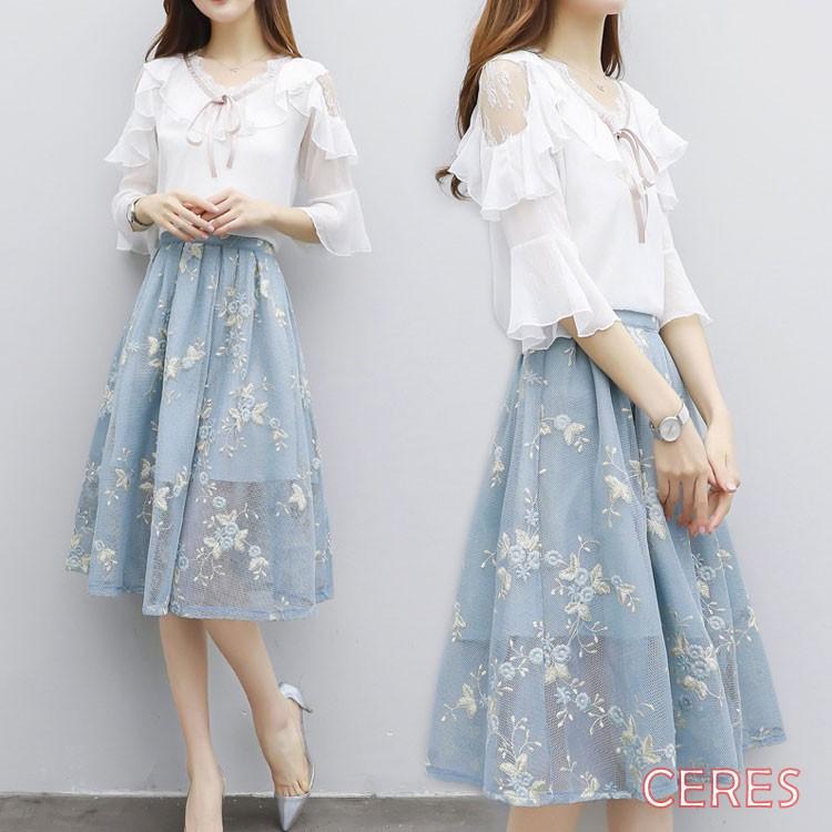 セットアップ レディース 夏 おしゃれ 通勤着 シフォン スカートセット Pre Aster 通販 Yahoo ショッピング