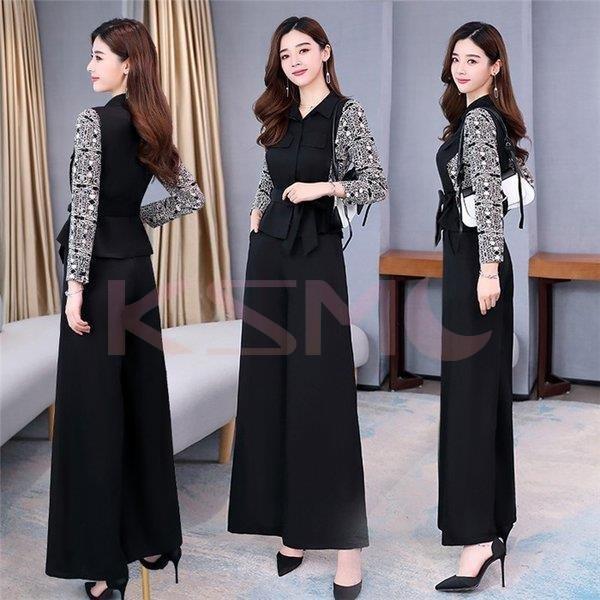 セットアップ ワイドパンツ レディース 2点セット きれいめ スーツパンツ 黒 ガウチョパンツ トップス ブラウス