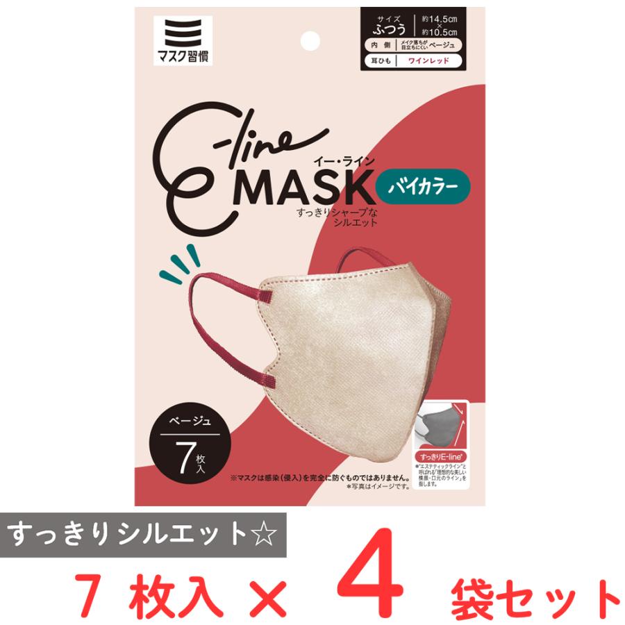 【30%OFF】 マスク習慣 E-lineマスクふつう ベージュ×ワインレッド 7枚×4袋