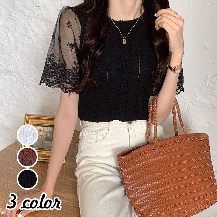 人気ブランド ニットtシャツ トップス レディース きれいめ 40代 春夏 切り替え 半袖トップス 白インナー オシャレ ブラウス 丸首 Tシャツ 韓国風 3色 クーポン最新送料無料 Fondationtns Org