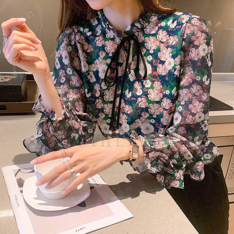ボウタイ花柄ブラウス きれいめ レディース春夏シャツ ス 長袖