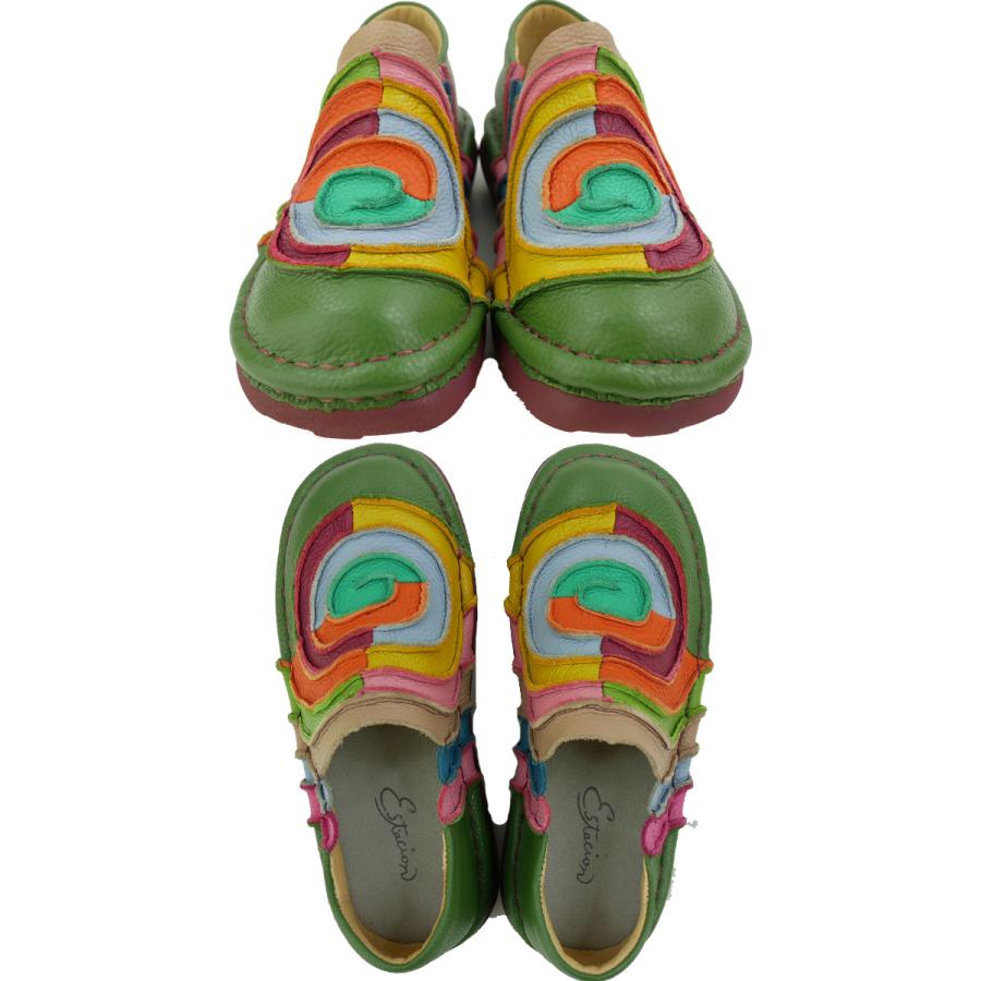 送料無料 スリッポン ローカット レディース SS 春夏 新作 春新作 夏新作 人気 流行 定番 2023 Estacion TG043 エスタシオン カラフル オブリークトゥ コンフォートシューズ 本革 ぐるぐる 渦巻き グリーン/マルチ レザーシューズ 靴 エスタシオン レディース スリッポン 靴 カラフル オブリークトゥ