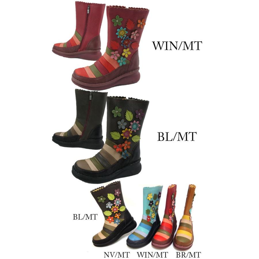 Estacion フラワーモチーフ　レザー　ミドルブーツ　ブラックマルチ　L Estacion フラワーモチーフ レザー ミドルブーツ ブラックマルチ L