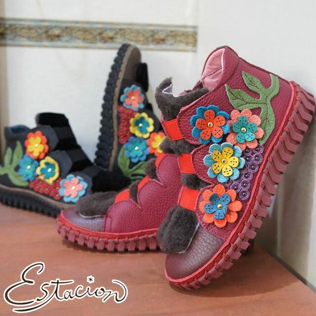 エスタシオン Estacion ショートブーツ 本革 レザー ファー レディース Z503 花 フラワー ぶどう 黒 ブラウン ワイン レッド