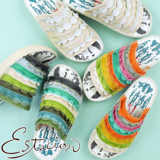 送料無料 コンフォートサンダル サンダル ミュール レディース SS 春夏 新作 夏新作 秋新作 人気 流行 定番 2025 エスタシオン Estacion TH183 厚底 疲れない 履きやすい 本革 靴 フリル スカラップ アイボリー/マルチ ネイビー/マルチ エスタシオン レディース 厚底 サンダル 疲れない ミュール 履きやすい