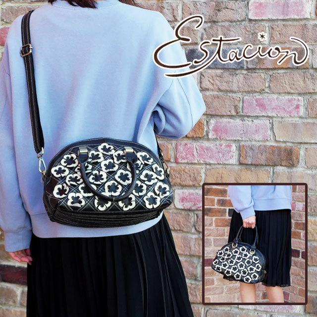 送料無料 レディース SS 春夏 新作 2022 冬新作 ショルダーバッグ ハンドバッグ 人気 流行 定番 Estacion 782 2way ショルダー 本革 手持ち 斜め掛け 肩掛け 花 パッチワーク 黒 白黒 シンプル エスニック ハンドメイド 手作り エスタシオン バッグ Estacion ハンドバッグ レディース ショルダー