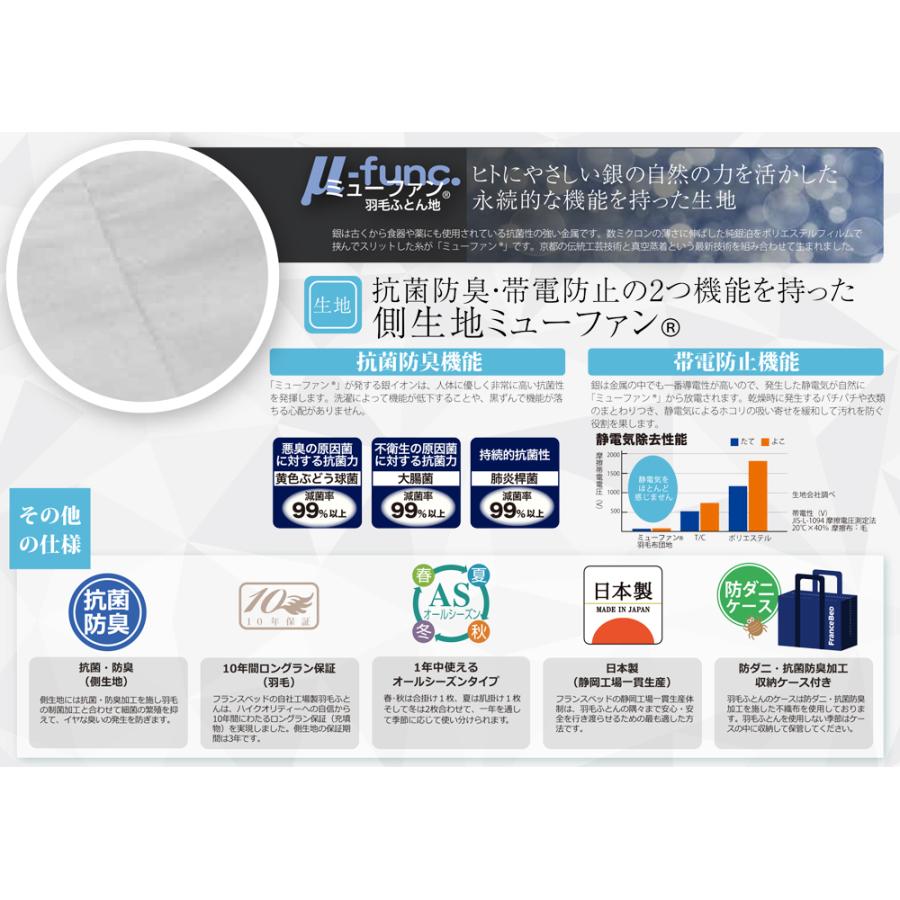 フランスベッド 羽毛布団 肌掛け S シングル LT JO-04 セレクト Select ホワイトグースダウン90% ポーランド産 制菌 消臭 防ダニ 10年保証 高級 日本製_2