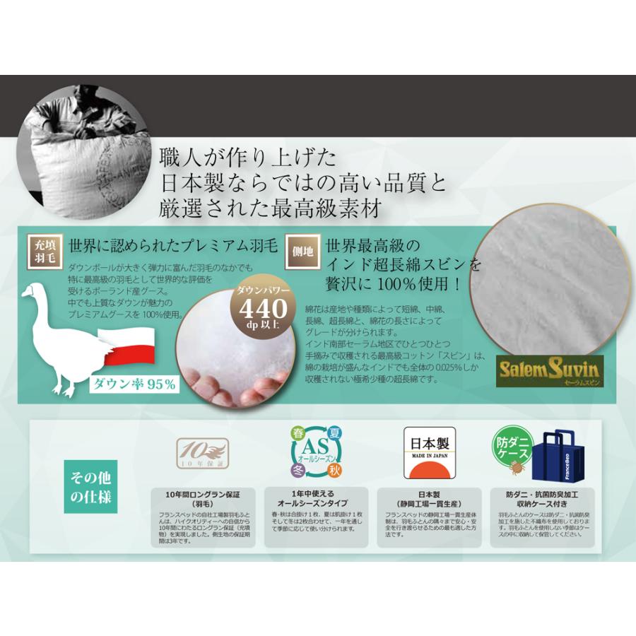 フランスベッド 羽毛布団 オールシーズン 2枚合わせ D ダブル LT JP-07 JOORYU プレミアムグースダウン95% ポーランド産 制菌 消臭 防ダニ 10年保証 日本製の画像