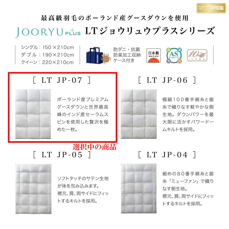 フランスベッド 羽毛布団 オールシーズン 2枚合わせ D ダブル LT JP-07 JOORYU プレミアムグースダウン95% ポーランド産 制菌 消臭 防ダニ 10年保証 日本製の画像