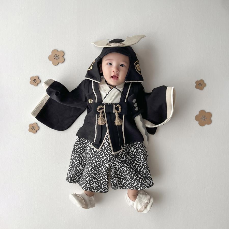 完売品mocmof　袴ロンパース　兜 mocmof（モクモフ） 袴 ロンパース 兜 刀飾り 3点セット ベビー服 子供