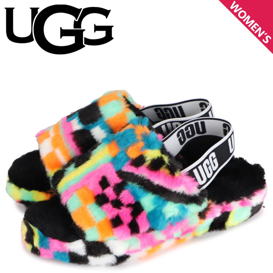 UGG アグ ストラップサンダル フラッフ イヤー スライド チェックス  