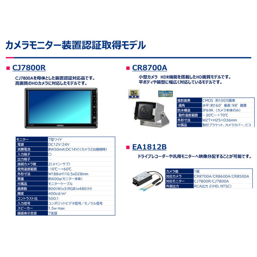 クラリオン バストラック用カメラ/モニター/配線/HDカメラ電源分配BOXセット[CV-SET919] CJ-7800R/CR-8700A/CCA-797-100(20m)/EA-1812B/CLS-361FHTRの画像
