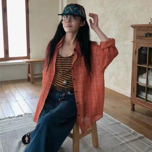 レディース シャツ 長袖 チェック柄 ゆったり 夏 秋冬 カジュアル レトロ 体型カバー 韓国風 春夏 前開き 秋 冬 ロング 襟付き オレンジ ボタン