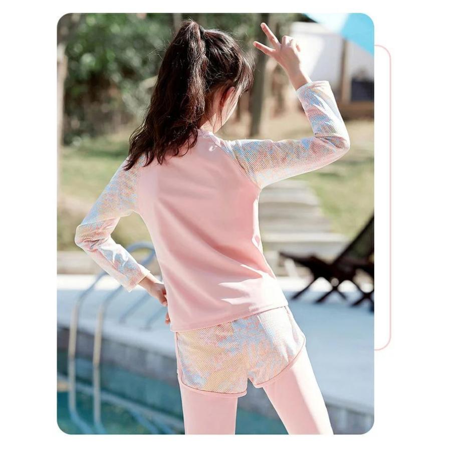 22 新作 子供 ジュニア 水着 女の子 高校生 140 150 160 小学生 中学生 スクール水着 セパレート キッズ 女児 長袖 ショートパンツ レギンス 花柄 Supplystudies Com