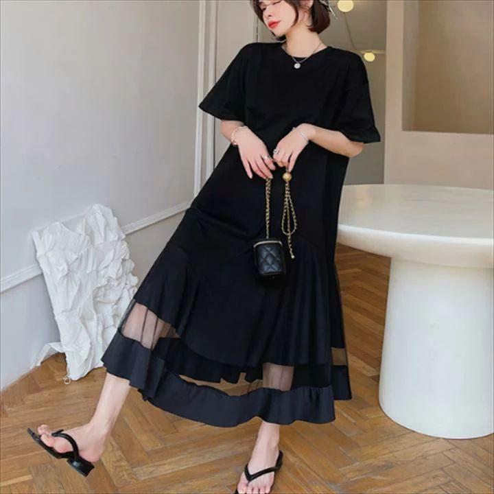 15最新作 新入荷 ワンピースドレス 透け感 ロング丈 マキシ丈 ラウンドネック 半袖 カジュアル系 大人可愛い こなれ感 代 30代 無地 夏 レディースファッション 可愛い Www Jelecom Com Eg